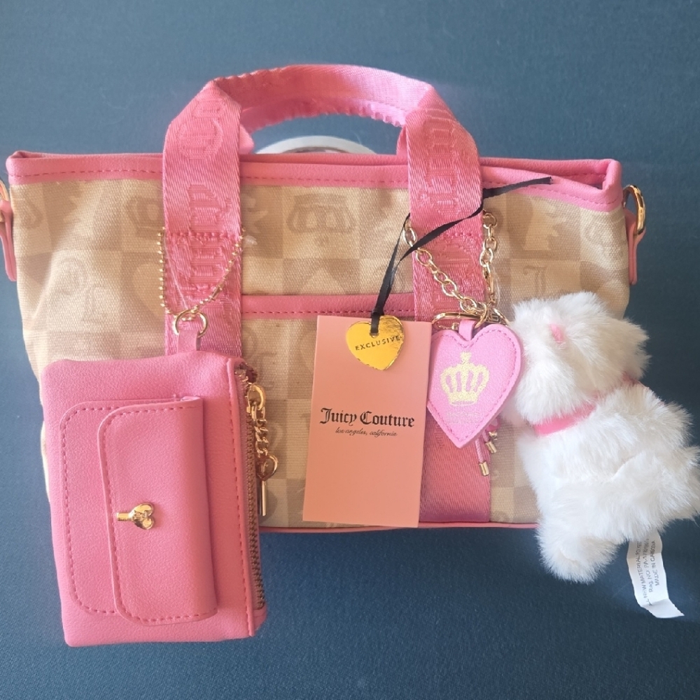 Juicy Couture Pink and Cream Logo Tote with Heart & Plush Charms